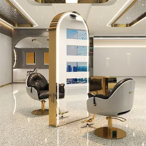Kisen beauty stylist double sided round mirror hair salon beauty gold make up styling station for salon furniture