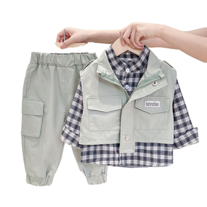 Spring Autumn Long Sleeve Lapel Plaid Shirt Sleeveless Vest <b>Coat</b> Solid Color Overalls Three Pieces Boys Clothes Suit Sporty - Product Image 1