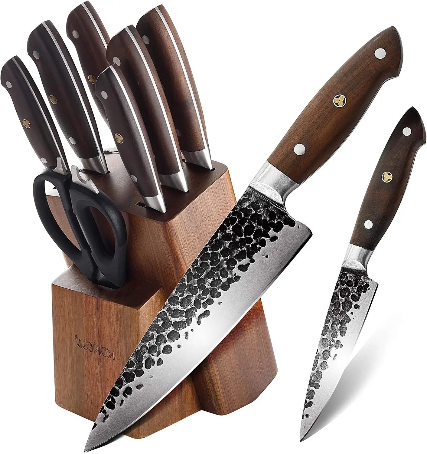 KONOLL – ensemble de couteaux de cuisine professionnels en bois, 8 pièces, Style de luxe OEM/ODM, avec bloc et ciseaux, couteau de Chef, couteau à découper