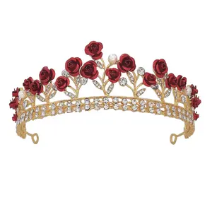 Nieuw Ontwerp Bruiloft Sieraden Haar Hoepel Bruid Haaraccessoires Verguld Kristal Strass Rose Bloem Tiara Kroon