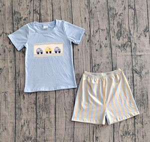 Conjunto de Ropa Bordada con Autos Azules para Bebé Niño, Boutique Personalizada BSSO0617, Conjuntos de Verano al por Mayor - Product Image 1