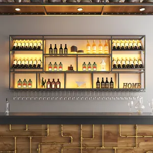 Custom Industrial Bar Iron Furniture Shelves Dining Room Display Cabinet LED Bar Wine Wall Mounted Wine Bottle Holder Wine Rack