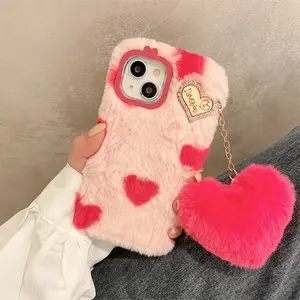 Funda de teléfono de felpa de piel cálida de invierno <span class=keywords><strong>peluda</strong></span> con corazón de amor lindo 3D para iPhone 14 13 12 11 Pro XS Max Plus funda trasera suave y esponjosa - Product Image 3