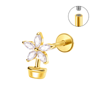 Anting-anting titanium ASTM F136 berbentuk bunga emas dengan CZ Marquise, ulir dalam, bagian belakang datar, untuk telinga & bibir
