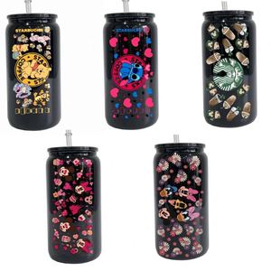 Vaso de Vidrio Negro de 16 oz con Tapa de Plástico para Café Helado, Refrescos, Vaso de Café Reciclable Negro Brillante para Envolturas UV DTF - Product Image 1