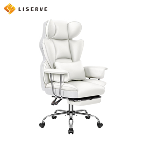Chaise de bureau ergonomique moderne, grande et haute, avec dossier haut, chaise de jeu blanche, <span class=keywords><strong>repose</strong></span>-pieds inclinable, cadre métallique, accoudoirs fixes - Product Image 1
