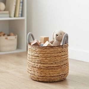Natural <b>Rattan</b> <b>Storage</b> <b>Basket</b> With Gray Handles Circle Shape Rustic Style Multi Purpose Organizer Bin - Product Image 4