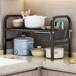 Étagère de cuisine extensible à 2 niveaux avec panier, support de rangement multifonctionnel pour aliments et ustensiles de cuisine - Product Image 1