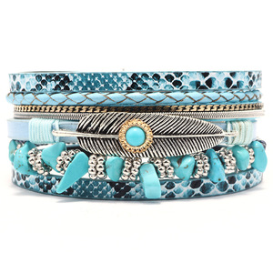 Bracciale Vintage con Piume e Turchese, Multistrato, Placcato Bronzo Antico, Catena in Pelle, Stile Bohémien per Donne - Product Image 2