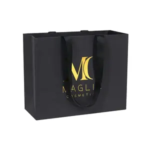 Custom Branded Clothing Gift Black Paper Bags With Gold Stamping Logo Printed