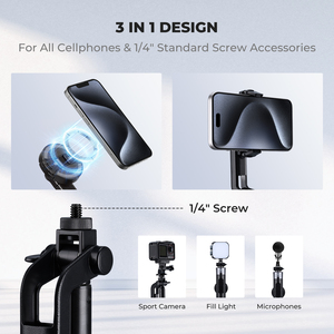 Trépied pour téléphone K&F Concept 72 pouces, 3-en-1, avec clip et bâton de selfie magnétique, télécommande, support de trépied automatique pour téléphone, accessoires avec vis 1/4 pouce - Product Image 3
