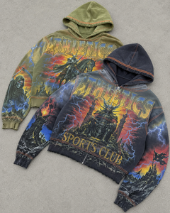 Sudadera con capucha y cremallera de algodón pesado, con estampado gráfico de fantasía épica y motivos de clubes deportivos, con lavado ácido y efecto desgastado, estilo streetwear vintage - Product Image 1