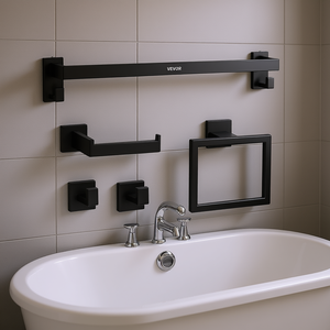 Ensemble d'accessoires de salle de bain Vevor, 5 pièces, acier inoxydable noir mat, crochets muraux pour serviettes et peignoirs, accessoires de bain - Product Image 2