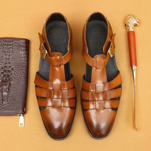 Sandales d'été pour hommes à brides croisées en cuir de vachette première couche, à bout ouvert, avec boucle, décontractées, respirantes, doublure en cuir - Product Image 1