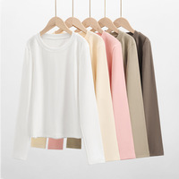 T-shirt pour femmes pour le printemps et l'automne, décontracté, couleur unie, manches longues, col rond, coton, élasthanne, vêtements respirants