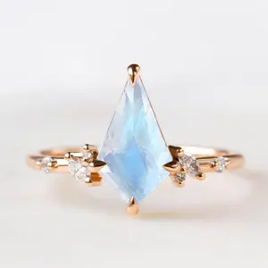 Perhiasan Perak Murni 925 Cincin Batu Bulan Pertunangan Wanita Cantik Lapis Emas Mawar Perhiasan Batu Bulan Alami