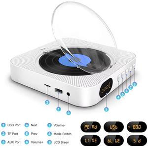 Lecteur CD mural avec support et télécommande, haut-parleur stéréo Hi-Fi BT, USB, TF, AUX pour la maison, le studio de yoga, la décoration - Product Image 3