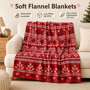 Selimut Flanel Natal Merah Logo Kustom OEM MOQ Rendah Selimut Fleece Nordik Tradisional untuk Hadiah Liburan Tempat Tidur - Product Image 1