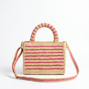Woven <b>Raffia</b> Summer <b>Shoulder</b> <b>Bag</b> with Zip Closure Rope Handles Color Block Casual Tote for Daily Use - Product Image 4