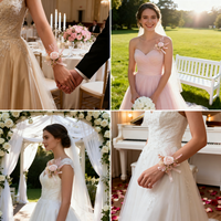Kombinasi Boutonniere Corsage Wristlet Sutra Buatan Warna Pink Lembut Tahan Air untuk Dekorasi Pernikahan, Natal, Pesta, dan Pengantin