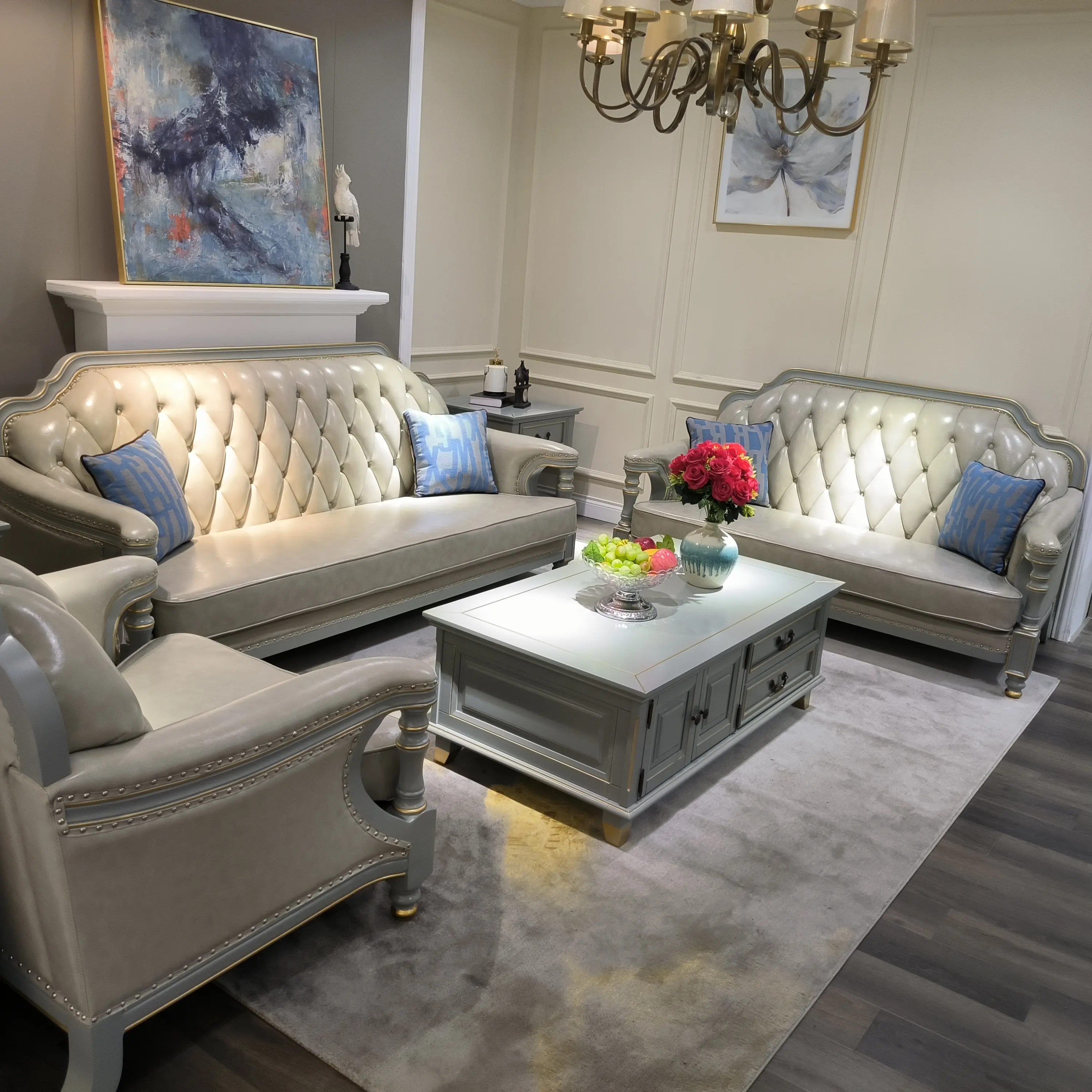 Ensemble canapé 2 et 3 places en cuir blanc, canapé de luxe de style britannique, haut de gamme, personnalisé en bois pour la maison