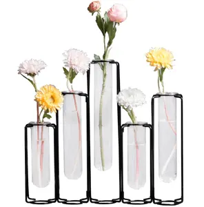 Wholesale French Style Borosilicate Glass Tube Vase With Metal Holder Flower Arrangement Glass Container for Wedding Decor