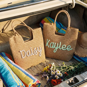 Uionen Beach Travel single-shoulder <b>Bag</b> with Name Bridesmaid Gift Hand-held Beach <b>Bag</b> Hand-woven <b>Straw</b> Tote <b>Bag</b> - Product Image 1