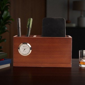 Wooden Office Organizer Rectangle Desk <b>Storage</b> Box With Clock Multifunctional Pen Holder For Neatening And Business Gifts - Product Image 1