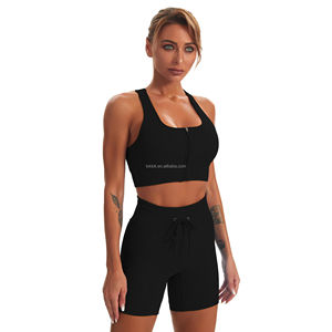 Soutien-gorge de sport yoga sans couture côtelé à maintien élevé avec fermeture éclair avant, coussinets amovibles, extensible dans les quatre sens, antibactérien, séchage rapide, léger - Product Image 1