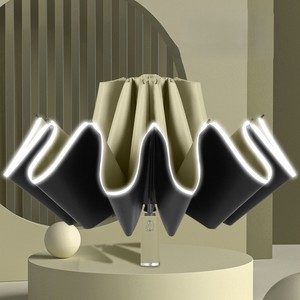 Grande semiautomatico in vinile nero dodici costole Reverse Uv ombrello con nastro riflettente colore manico resistente alle tempeste Business - Product Image 1