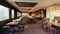 Concept d'intérieur de restaurant de style pub sportif classique, mobilier de bar industriel, table de bar et ensemble de chaises de bar en bois massif