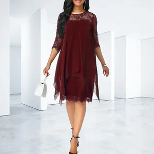 Wholesale Spring Summer Elegant Style Lace Splice 3/4 Sleeve Mid Length Knee Length Chiffon Dress
