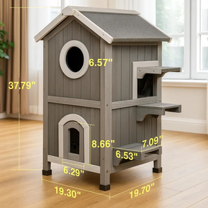 Maison pour chat en bois à deux étages de style ferme moderne, abri résistant aux intempéries avec porte d'évacuation et design mobile - Product Image 5