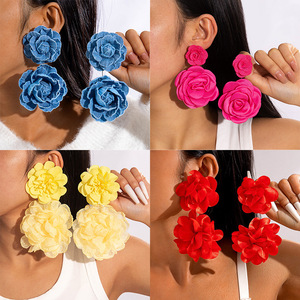 Chiffon Floral Statement Earrings - Big Fabric Petal Flower Dangle Earrings For Women (Black) - View #6