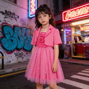 Completo Due Pezzi per <span class=keywords><strong>Bambina</strong></span>: Blazer a Maniche Corte e Abito <span class=keywords><strong>in</strong></span> <span class=keywords><strong>Tulle</strong></span> con Rose 3D, Abbigliamento Casual per Bambine e Ragazze - Product Image 3