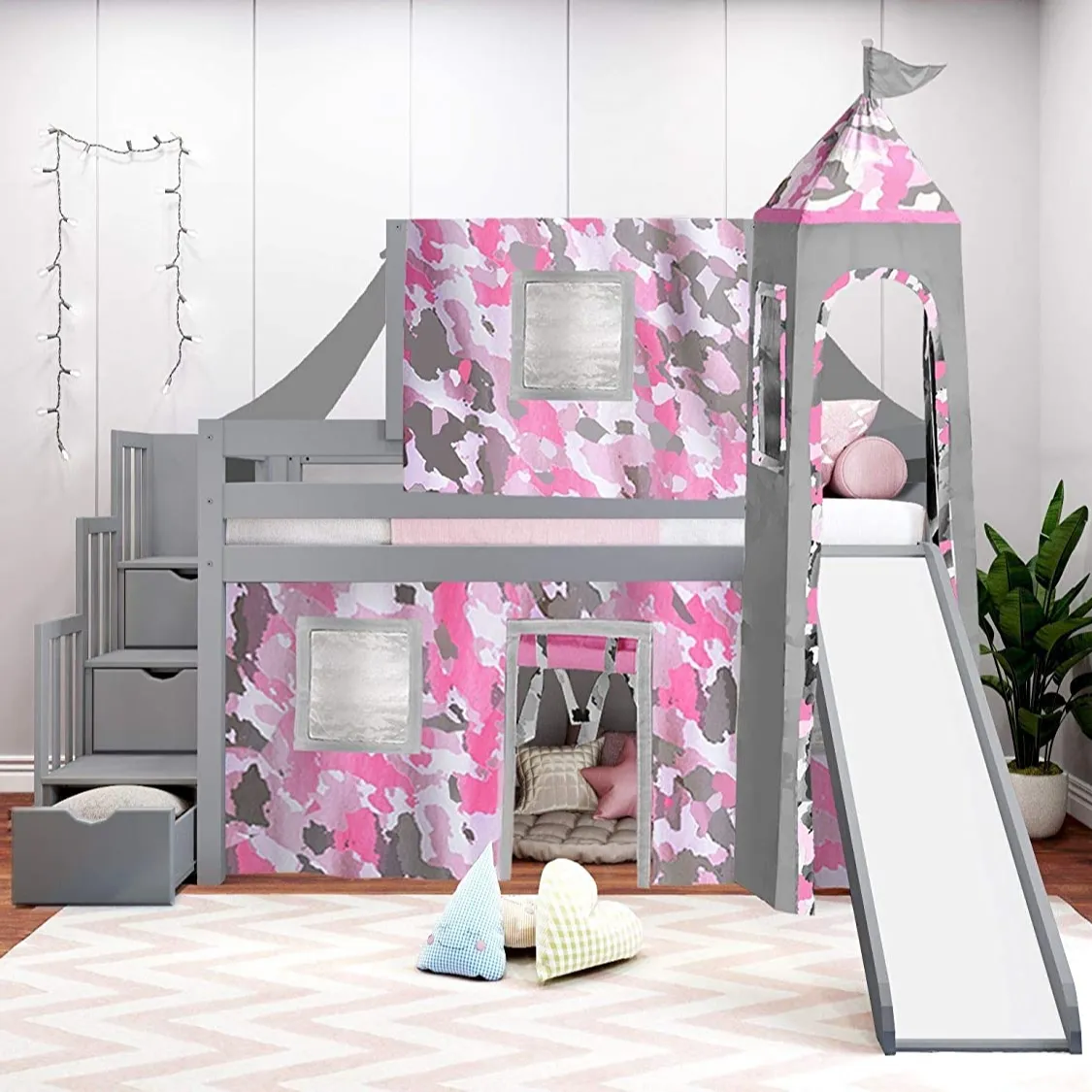 Princess Pink Camo Tent and Tower Low Loft Stairway Castle Bunk Bed with Slide
