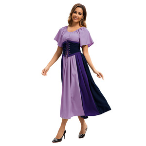 European Medieval Retro Color Blocked Patchwork <b>Dress</b> With Belted Waist Full Skirt A Line Chiffon Club <b>Dress</b> Sizes S 3XL - Product Image 5