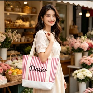 กระเป๋าผ้าแคนวาสลายทางทนทาน กระเป๋าสะพายเรียบง่ายสำหรับผู้หญิง เหมาะสำหรับการเดินทางระยะสั้น ช้อปปิ้ง และของใช้จำเป็นสำหรับกิจกรรมกลางแจ้ง - Product Image 1