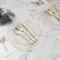 Services de vaisselle jetables dorés transparents, assiettes en plastique de qualité alimentaire anti-fuite pour fêtes, mariages et anniversaires, style classique