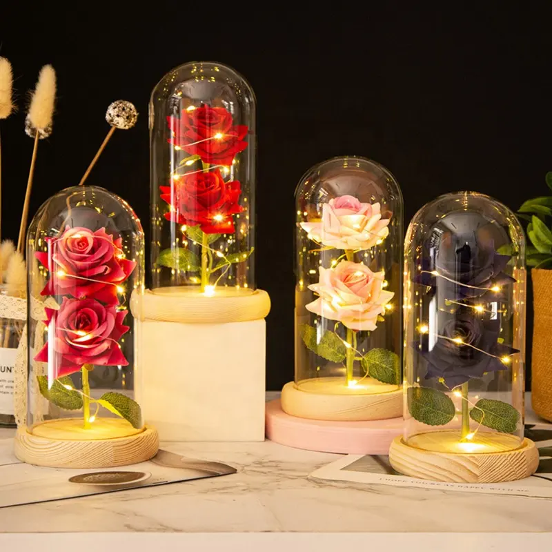 Valentijnsdag Geschenken Kunstmatige Roos In Glazen Koepel Met Led Licht Decoratieve Kunstbloemen In Glazen Koepel Voor Huisdecoratie