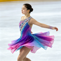 Robe de patinage artistique dégradé violet, bleu et rose, manches longues, dos en maille, jupe ornée de strass pour compétition et performance adultes et enfants