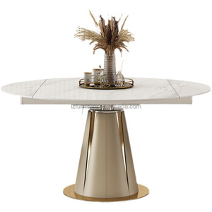 Luxury White Rock Slab Dining <b>Table</b> Round <b>Expandable</b> Champagne Gold Flared Base 4-8 Seater Home Restaurant Hotel Furniture - Product Image 5