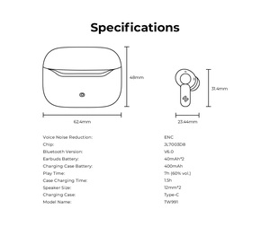 HAVIT TW991 Auricolari Wireless Leggeri con Ricarica Rapida Type-C, BT6.0, Cancellazione del Rumore ENC, Cuffie TWS - Product Image 3