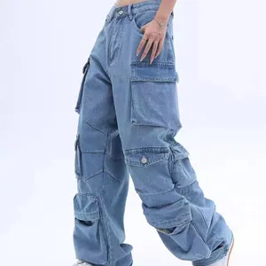 Unisex Custom Streetwear Loose Fit Cargo Pants Multi Pocket Cargo Denim Pants Vintage Washed Stacked Baggy Cargo Jeans