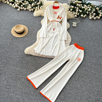 Kadin 3-Piece kadın moda 3 parça örgü Set uzun bel kravat hırka kısa kollu T Shirt geniş bacak pantolon