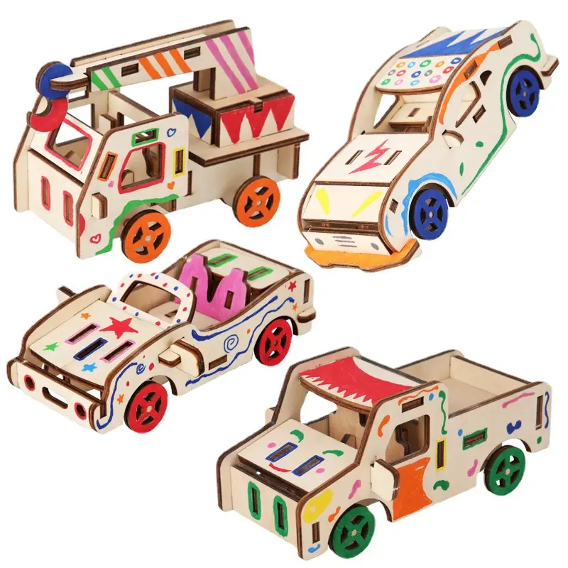 Children Educational Wooden Toy 3D Model Car Assemble Game DIY Painting Kids Early Learning Montessori Wooden Vehicle Toys