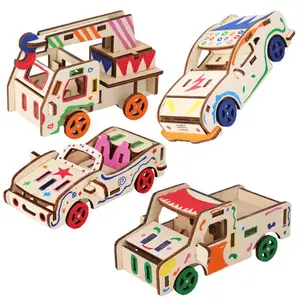 儿童益智木制玩具3D模型车组装游戏DIY绘画儿童早期学习蒙特梭利木制汽车玩具