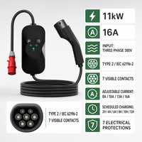 Chargeur EV portable rapide Type 2 11kW 16A triphasé réglable CE Mode 2 IEC 61851 Prise CEE avec écran et minuterie 5m/7.6m/10m Station UE