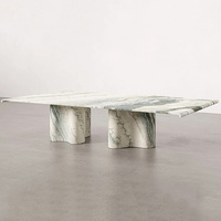 Table basse en marbre veiné vert, plateau flottant rectangulaire, base en pierre sculptée ondulée, table centrale pour salon, maison de rêve