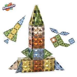 SL新款DIY组装玩具3D钻石面磁性瓷砖积木套件48pcs火箭建筑磁铁积木儿童玩具